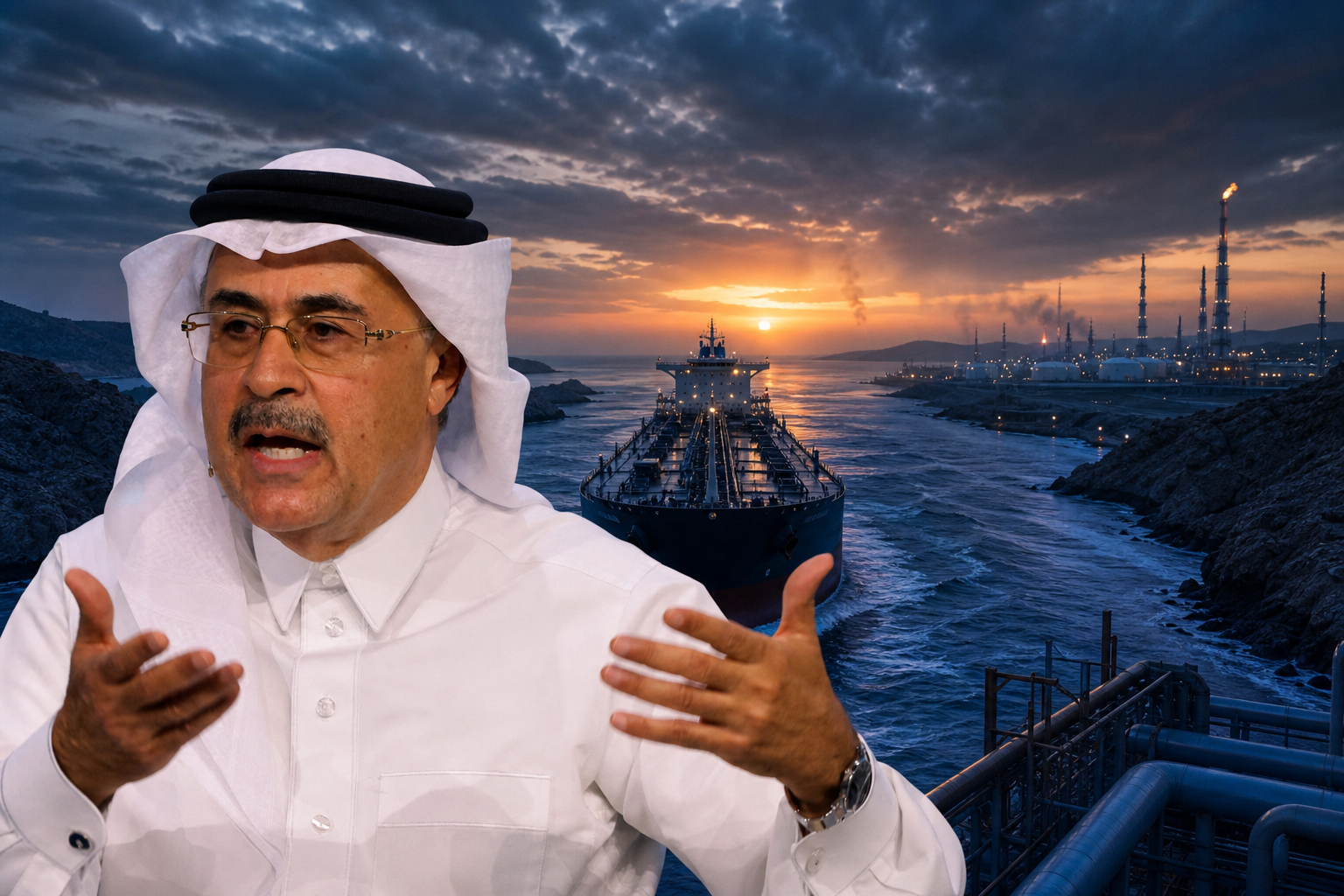ناقلة نفط تعبر ممرًا بحريًا ضيقًا قرب منشآت طاقة وأنابيب تمتد على الساحل عند الغروب