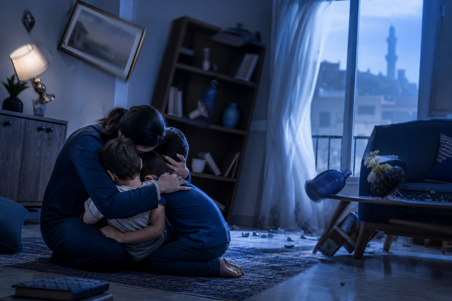 أم تحتضن أطفالها داخل غرفة منزلية بينما تهتز بعض قطع الأثاث من حولهم